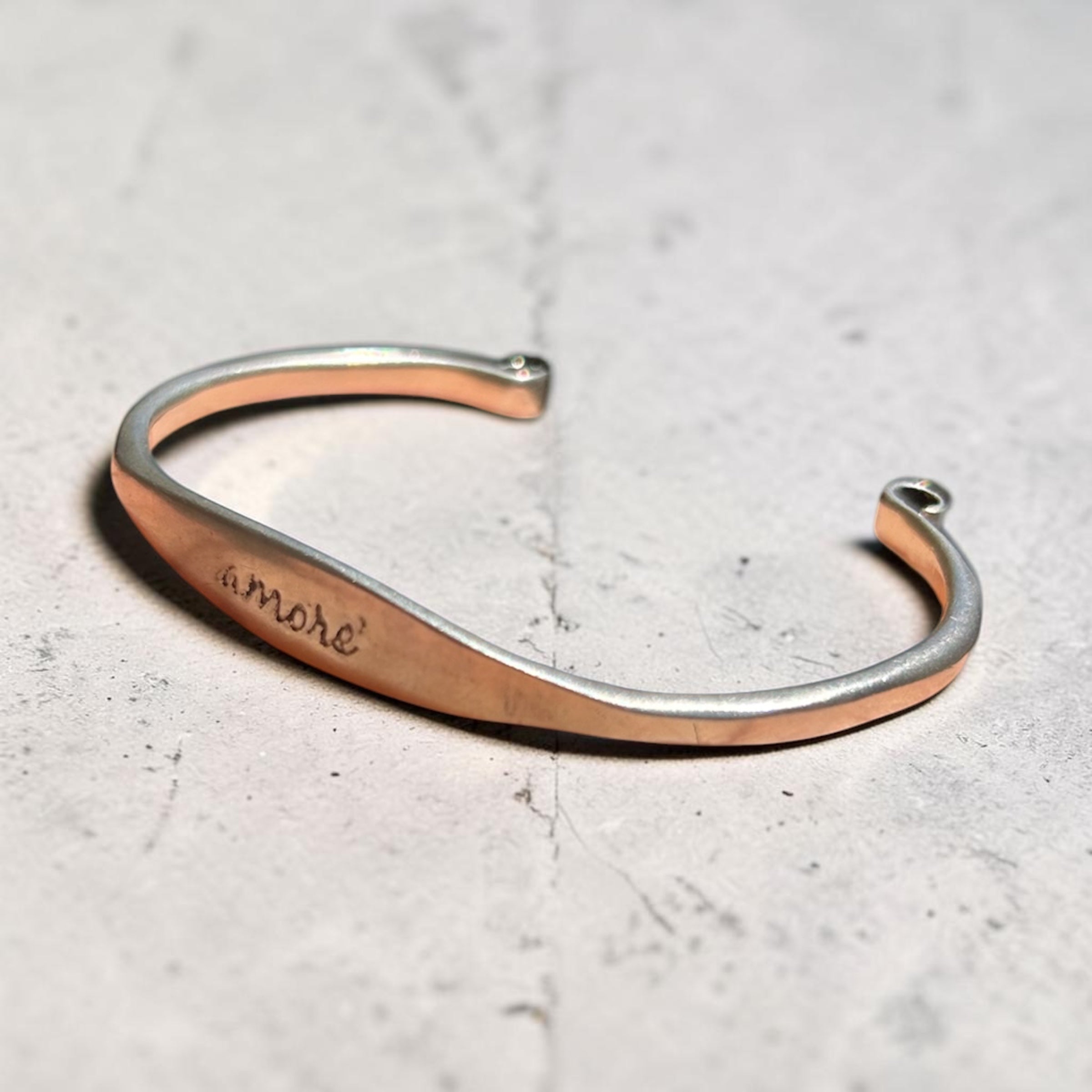 Vintage Far Fetched "Amore" Hand-Stamped Sterling Silver Two-Tone Cuff Bracelet