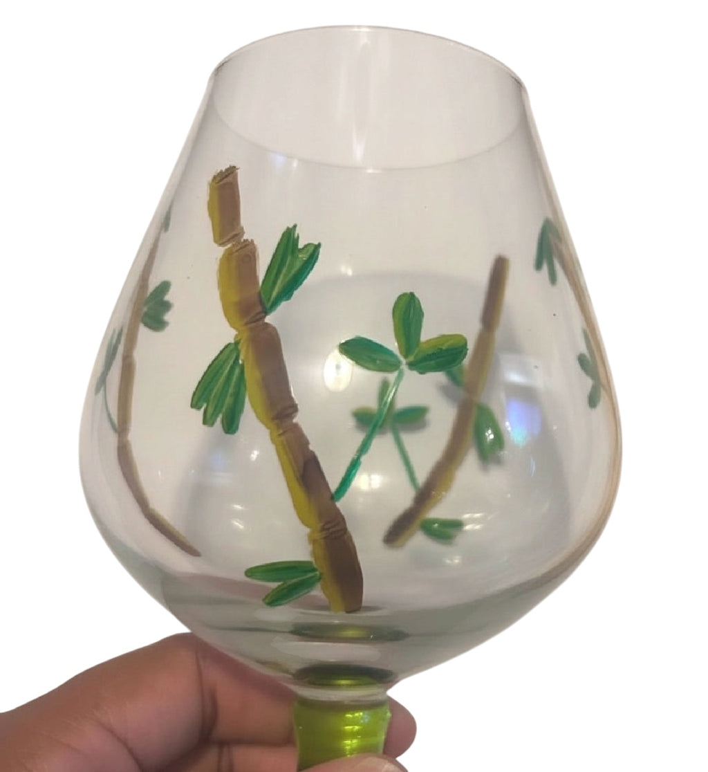Set of 2 Hand Painted Bamboo Wine Glasses, Romanian Tiki Barware Goblets
