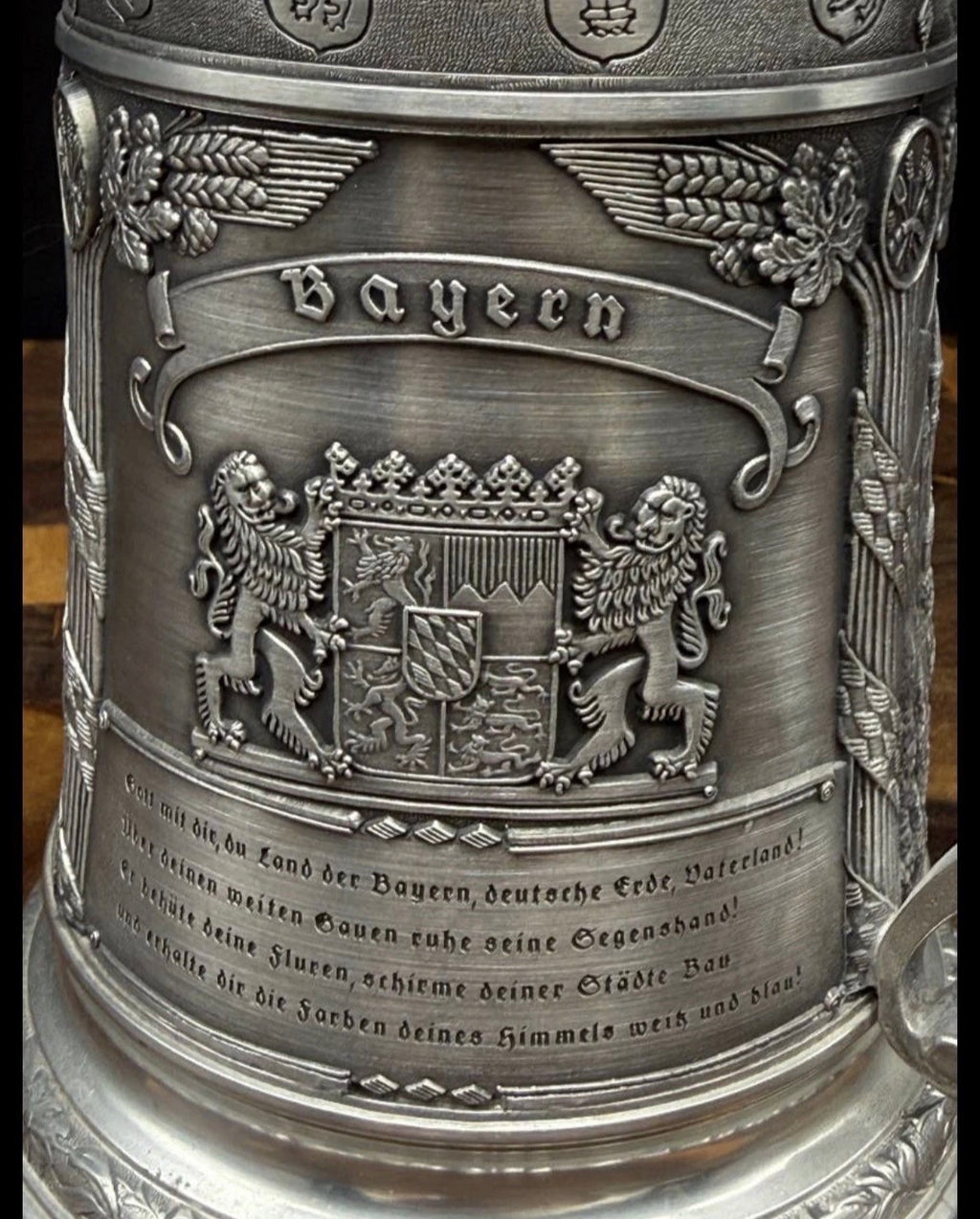 Frieling Zinn Vintage German Pewter Beer Stein | Lidded | Bavarian Coat of Arms | Hofbräuhaus Wagon | 8" | 95% Rein Zinn