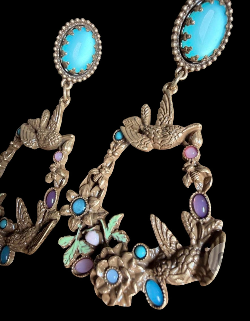 Vintage TRIFARI Hummingbird Wreath Drop Earrings — Enamel, Turquoise Cabochon, Figural Boho | 1970s