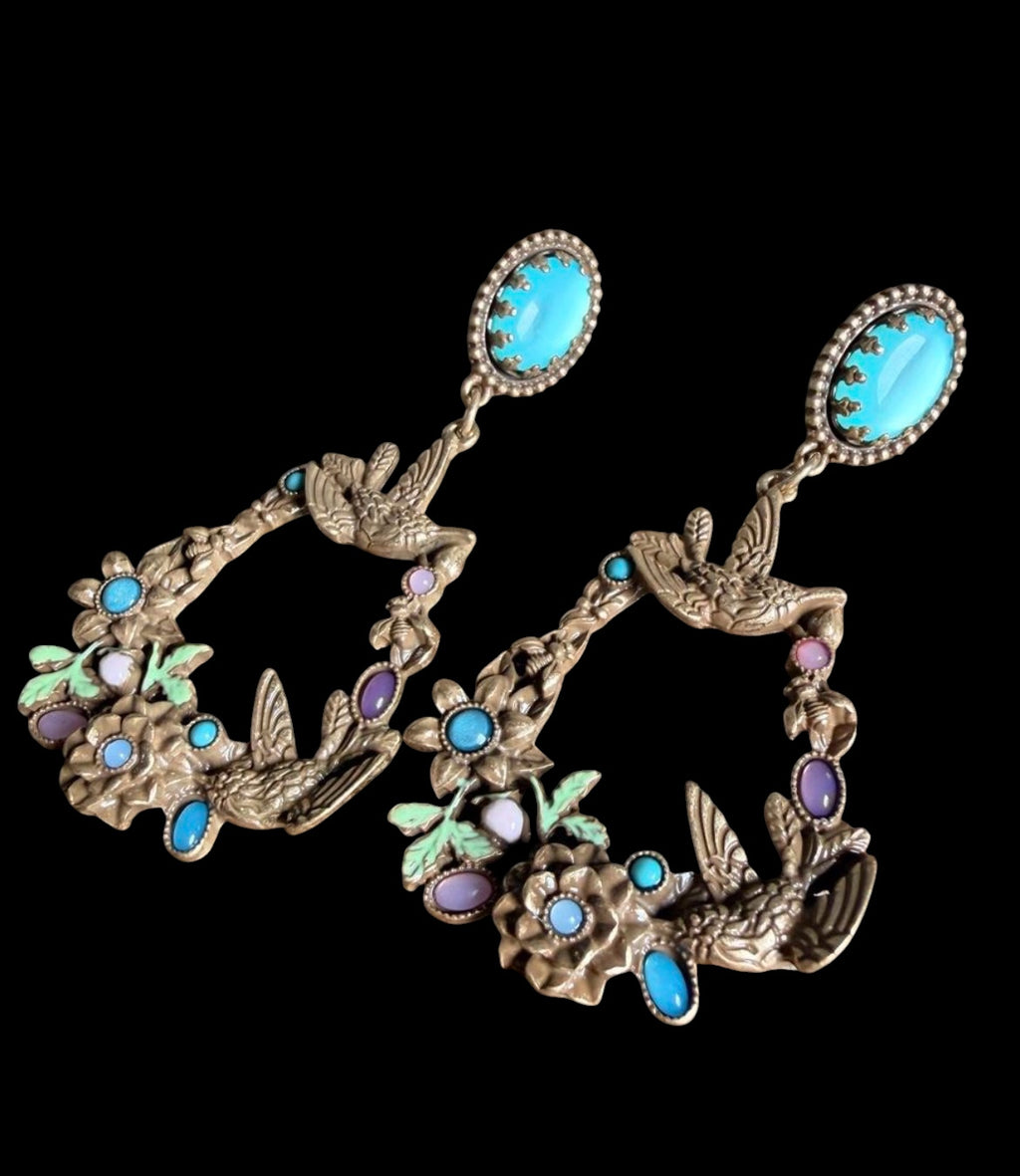 Vintage TRIFARI Hummingbird Wreath Drop Earrings — Enamel, Turquoise Cabochon, Figural Boho | 1970s