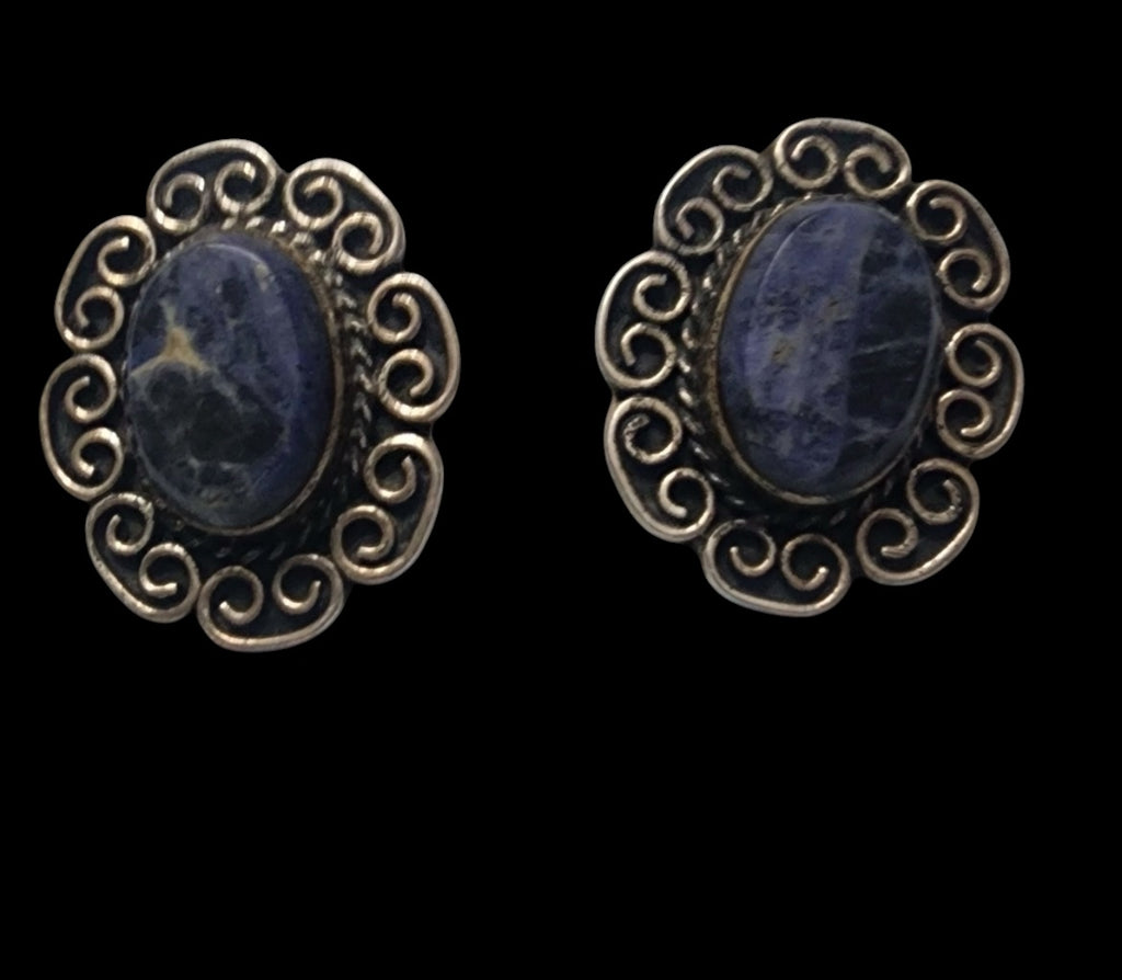 Vintage Taxco Mexico 925 Sterling Silver Blue Sodalite Clip On Earrings