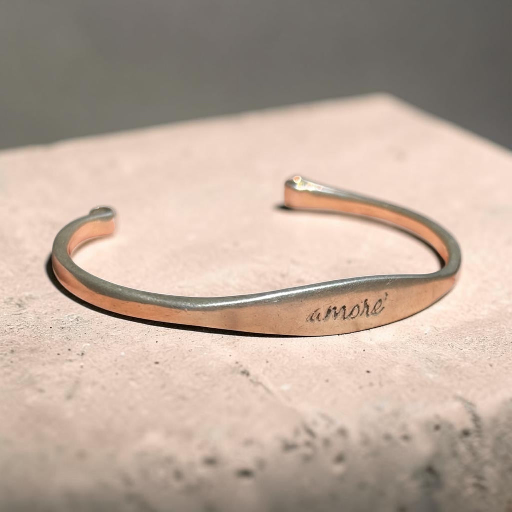 Vintage Far Fetched "Amore" Hand-Stamped Sterling Silver Two-Tone Cuff Bracelet