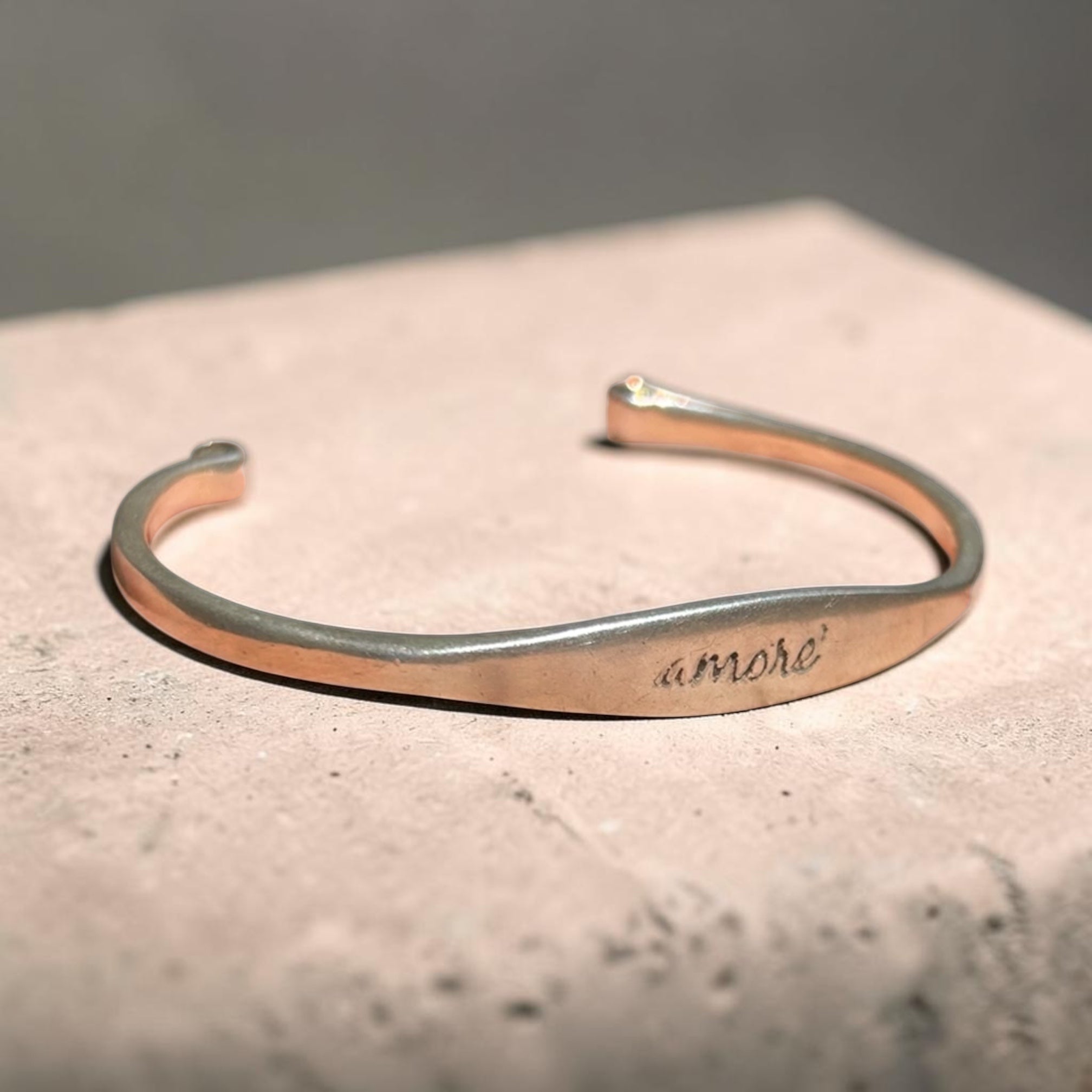 Vintage Far Fetched "Amore" Hand-Stamped Sterling Silver Two-Tone Cuff Bracelet