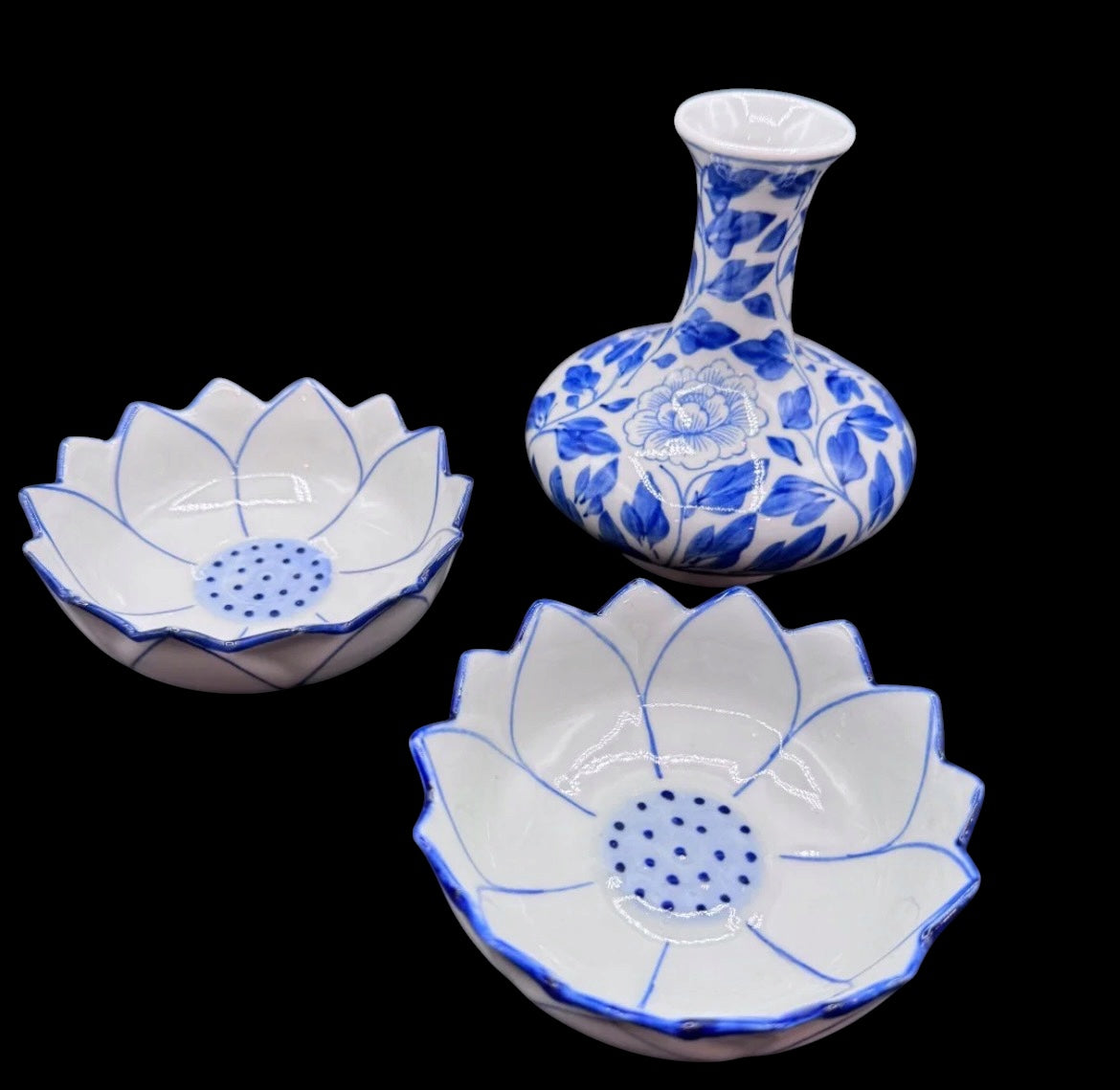 Hand-Painted Thai Blue & White Lotus Bowl & Vase Set