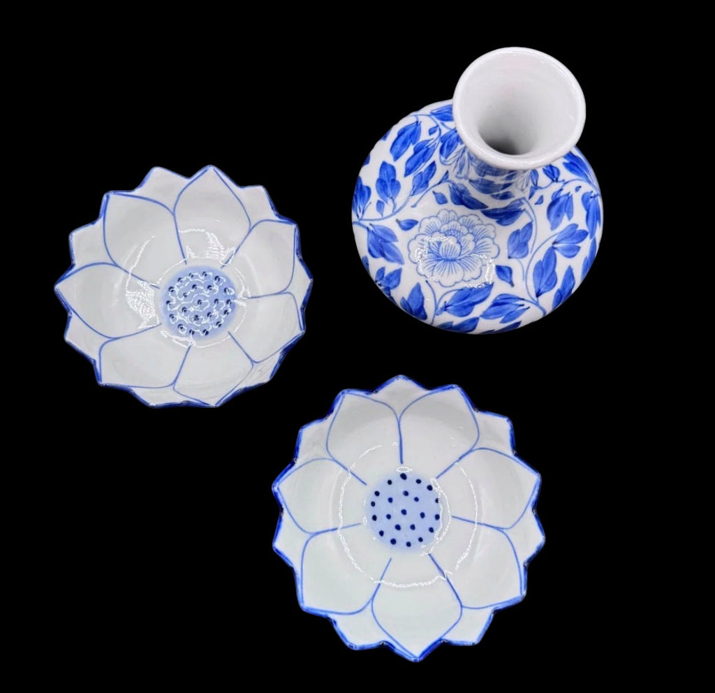 Hand-Painted Thai Blue & White Lotus Bowl & Vase Set