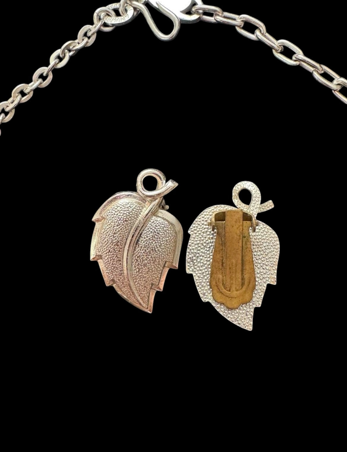 Vtg GERMANY Silver Leaf Necklace Earrings Set Mid Century Textured Choker Demi Parure 17”