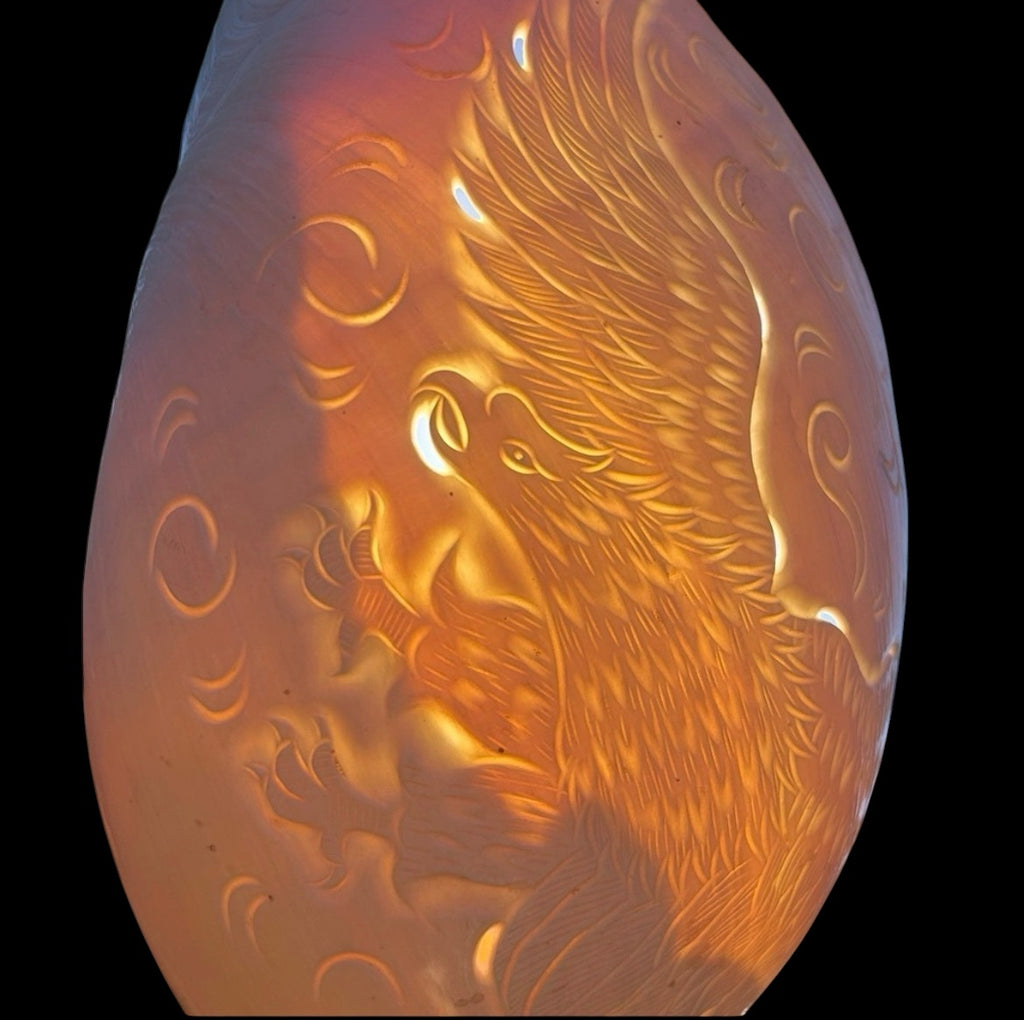 Large Carved Melo Melo Shell with Bird Motif