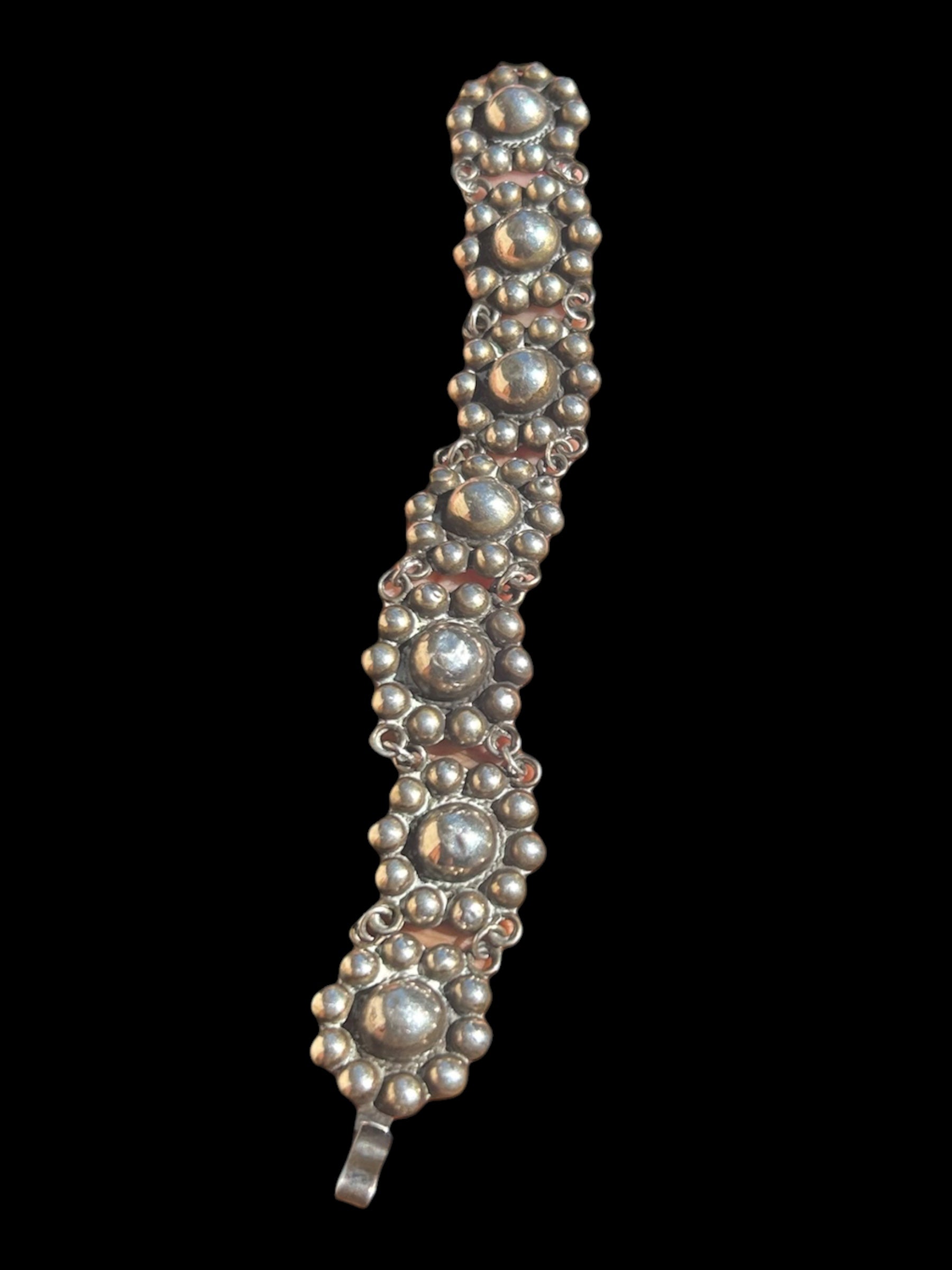 Archival 1930s Taxco .980 Fine Silver Beaded Dome Panel Bracelet