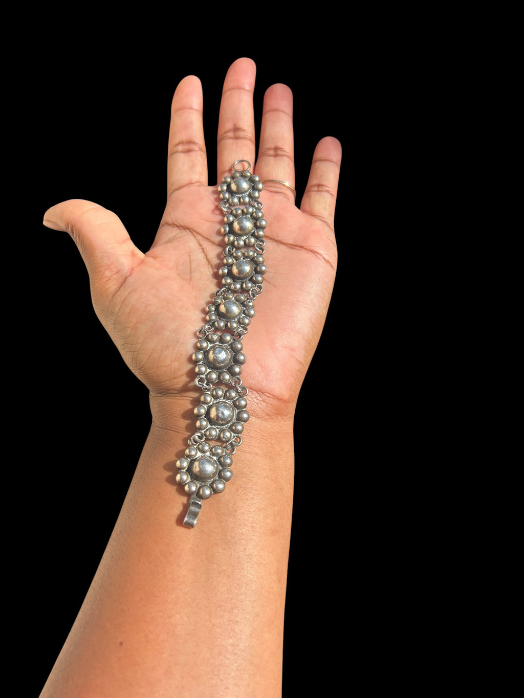 Archival 1930s Taxco .980 Fine Silver Beaded Dome Panel Bracelet