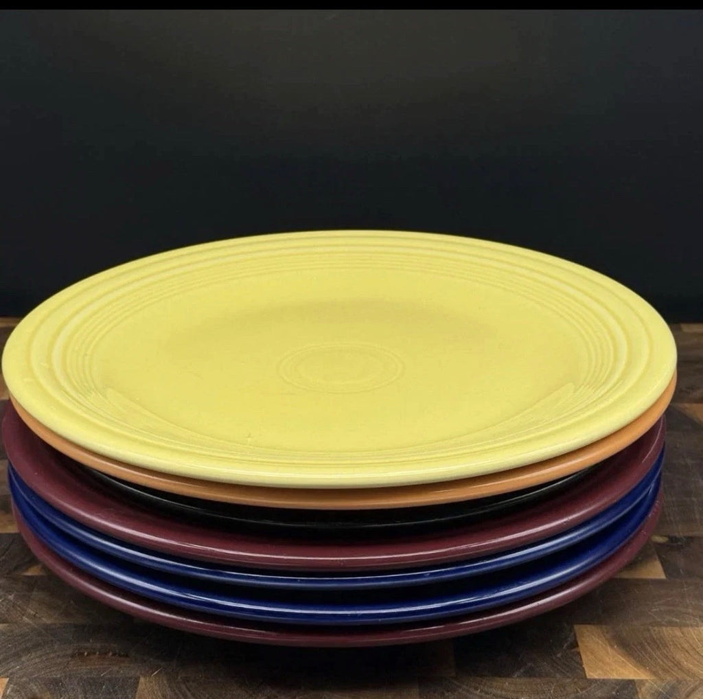 Fiesta HLC Dinner Plates — Mixed Rainbow Set of 6 with Retired Cinnabar | Estate Find
