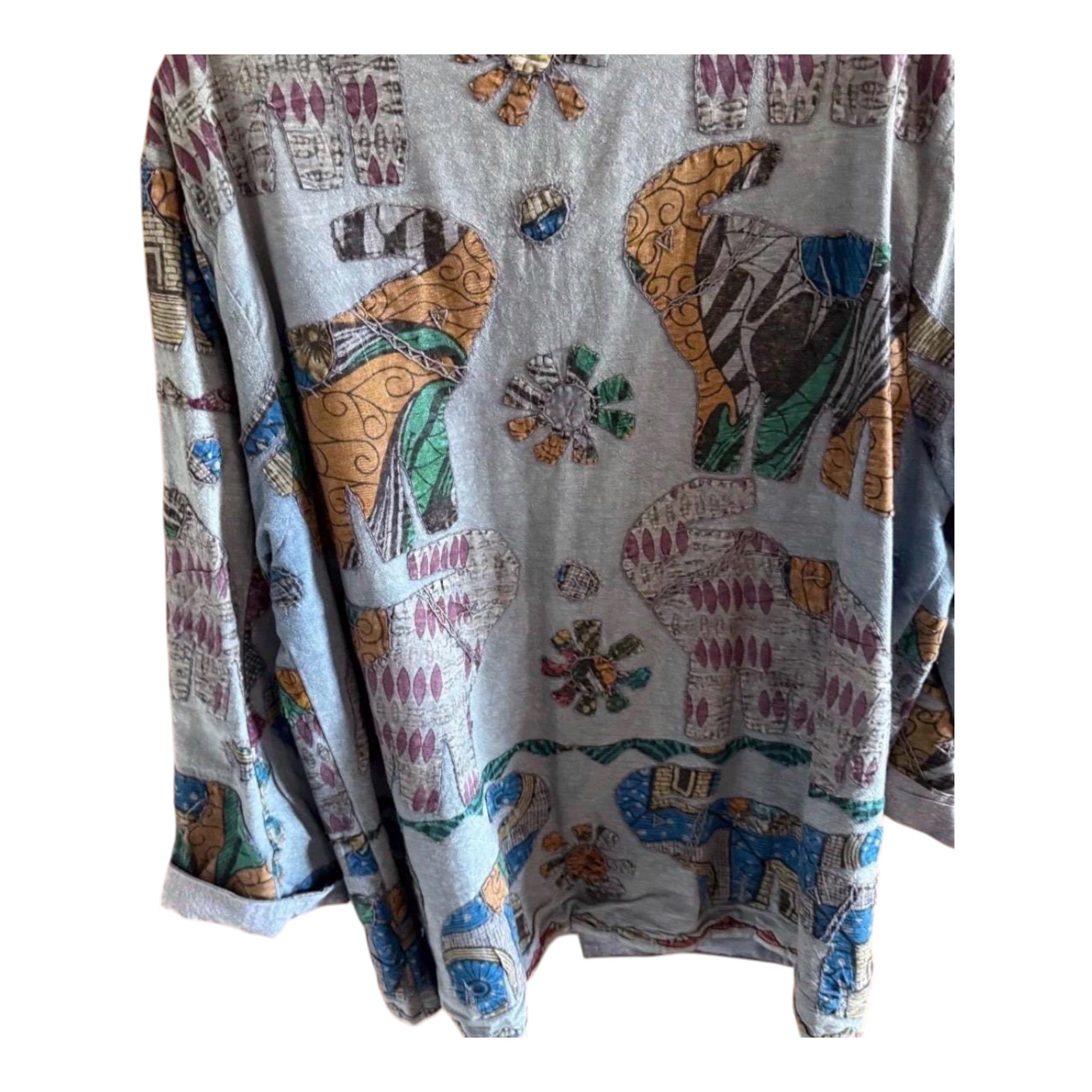 Vintage 90s Boho Elephant Print Cotton Jacket, Indian Patchwork Artsy Layering Cardigan