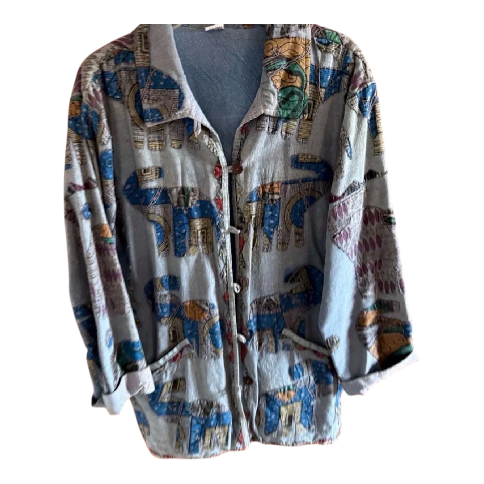 Vintage 90s Boho Elephant Print Cotton Jacket, Indian Patchwork Artsy Layering Cardigan