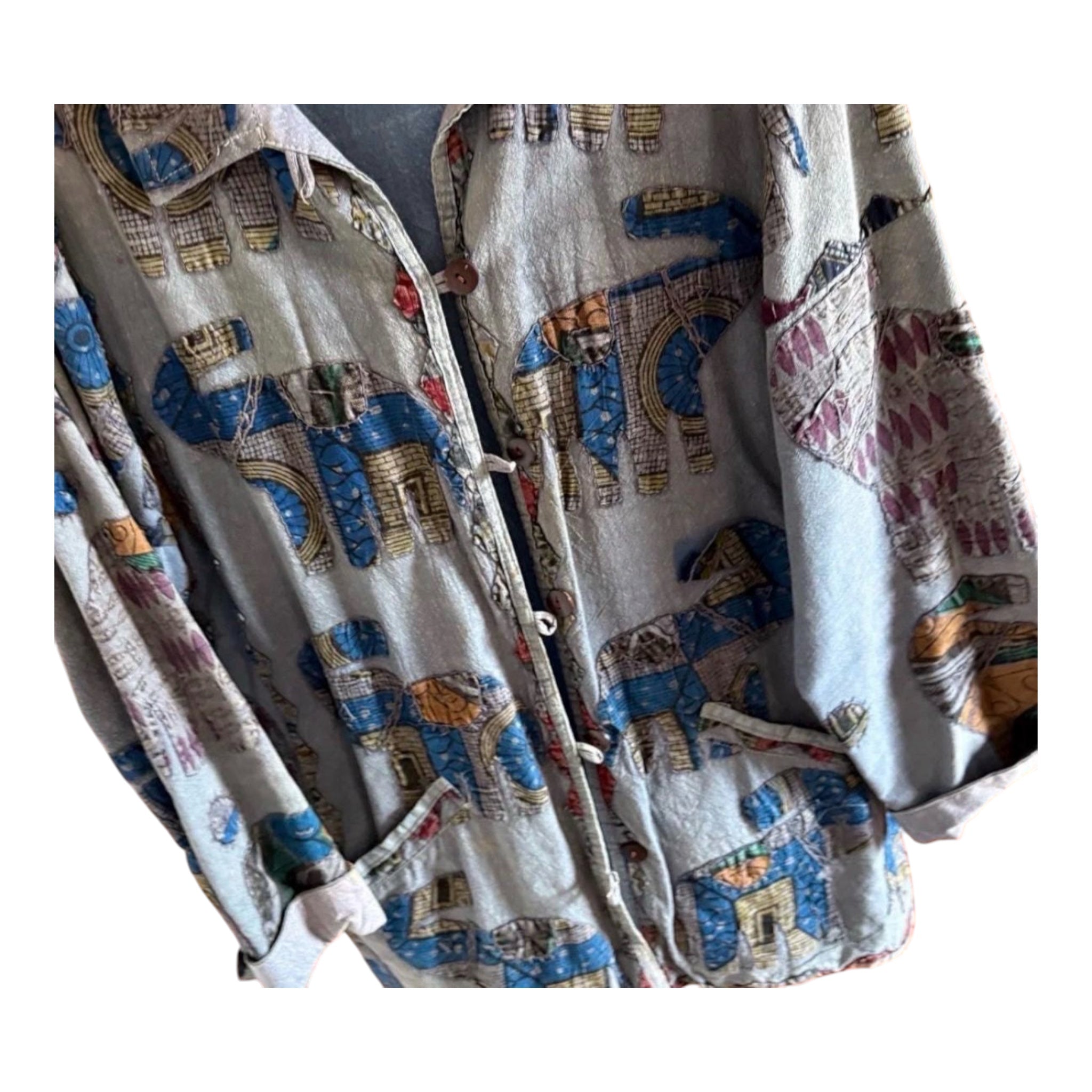 Vintage 90s Boho Elephant Print Cotton Jacket, Indian Patchwork Artsy Layering Cardigan