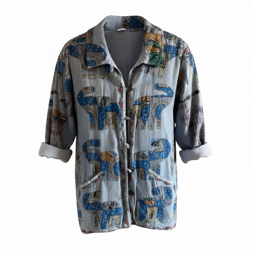 Vintage 90s Boho Elephant Print Cotton Jacket, Indian Patchwork Artsy Layering Cardigan