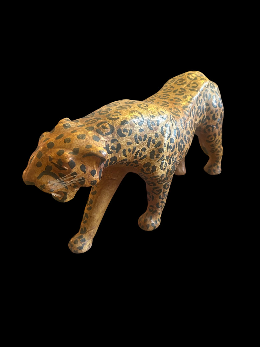 Vintage 1970s Leather-Wrapped Roaring Leopard Sculpture – 15"