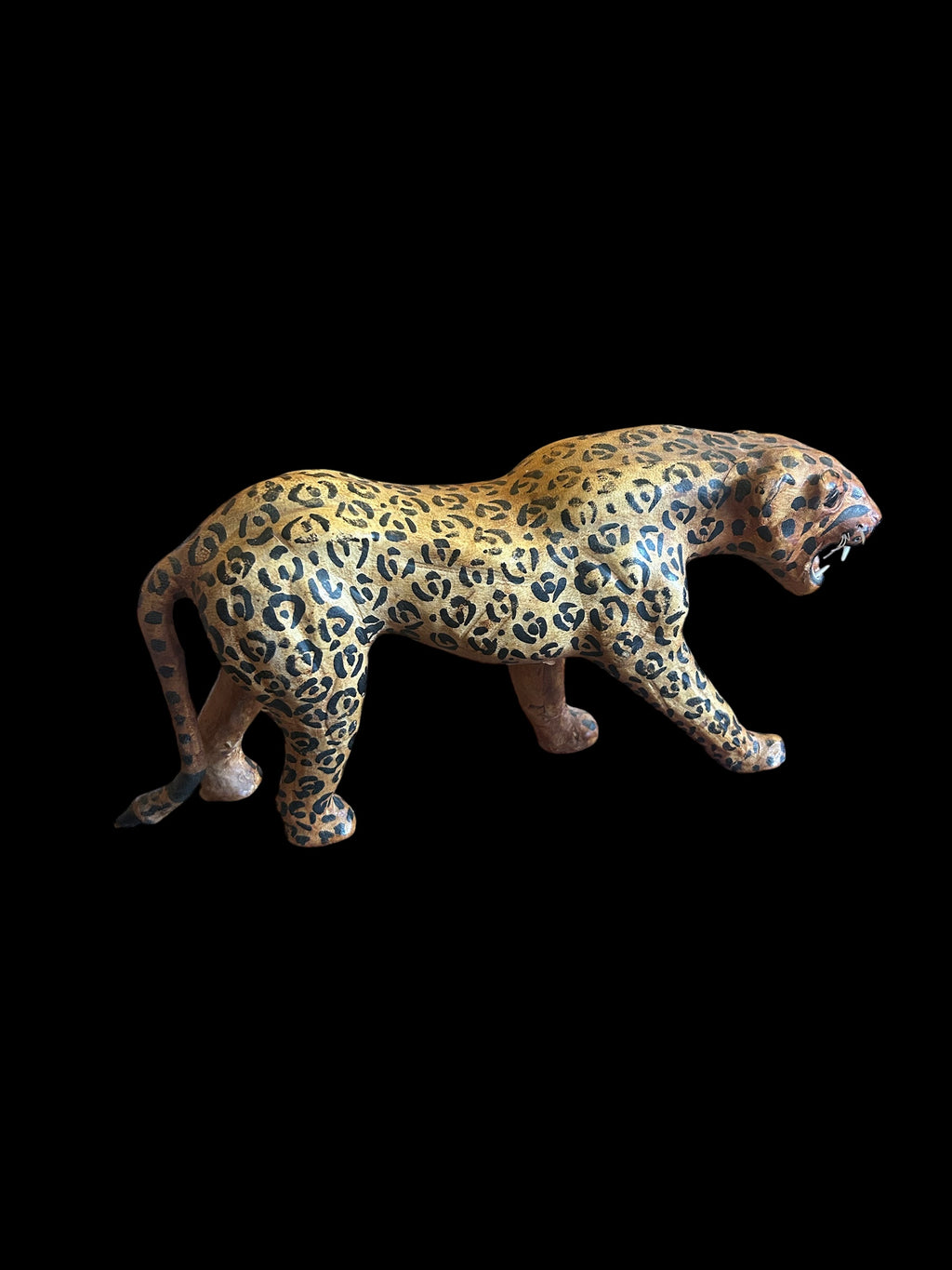 Vintage 1970s Leather-Wrapped Roaring Leopard Sculpture – 15"