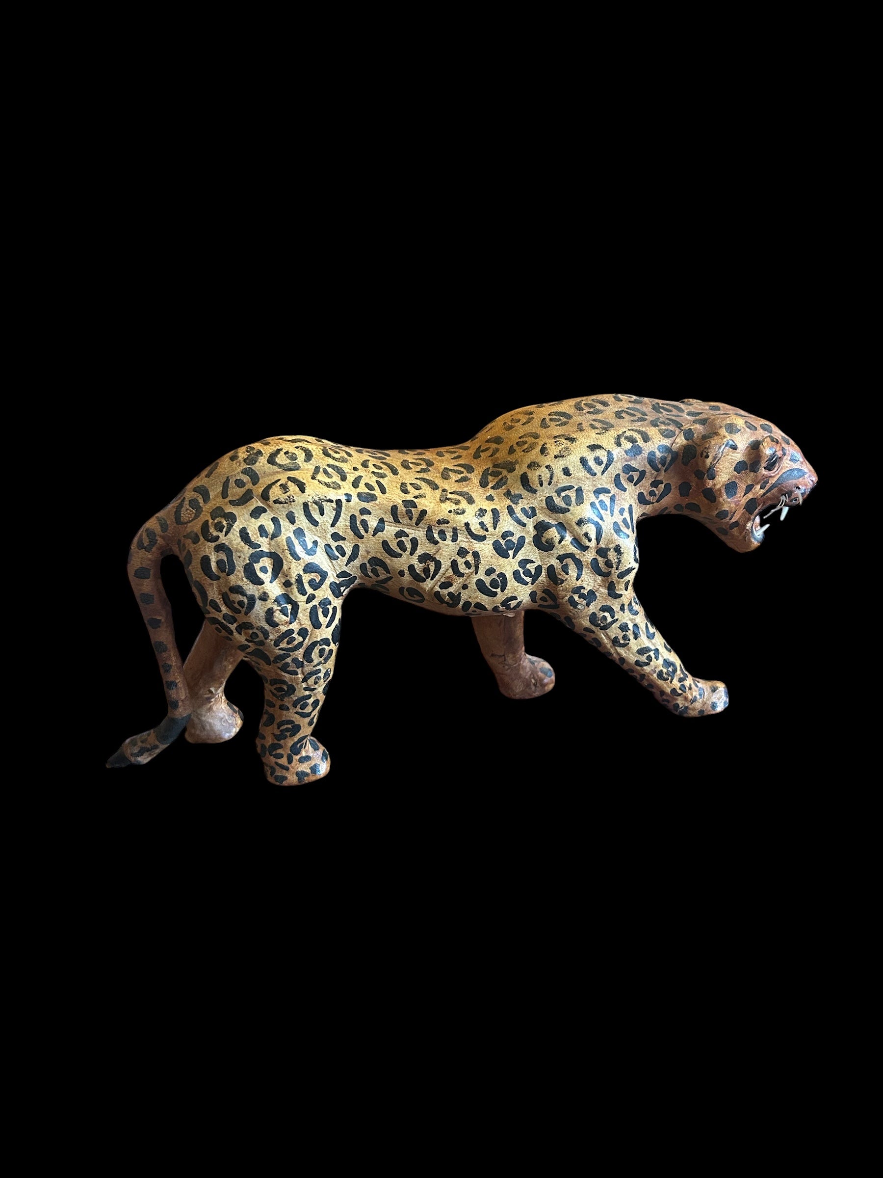 Vintage 1970s Leather-Wrapped Roaring Leopard Sculpture – 15"