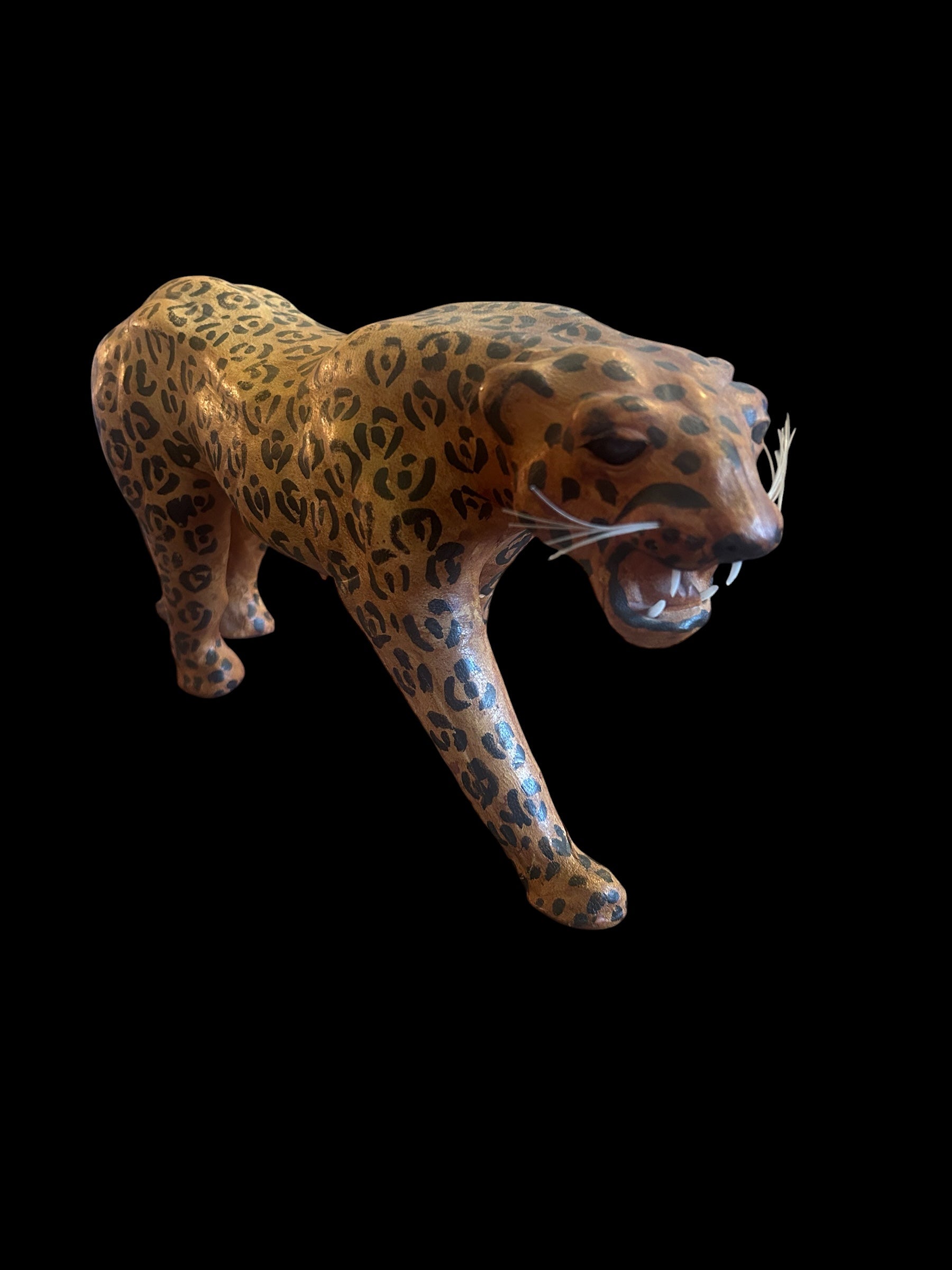 Vintage 1970s Leather-Wrapped Roaring Leopard Sculpture – 15"
