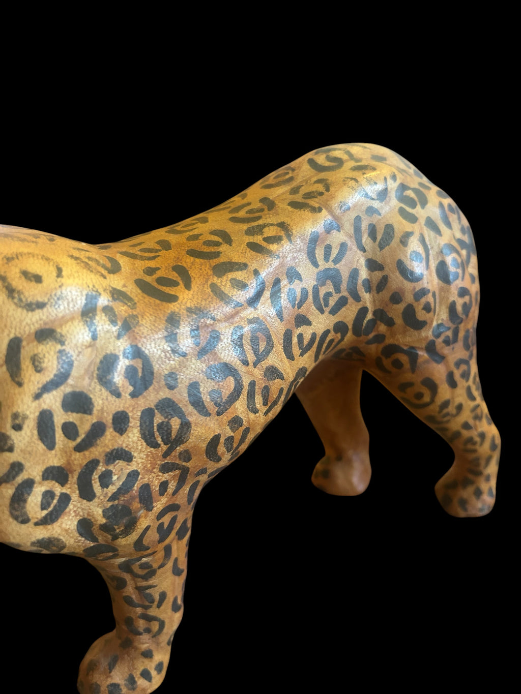Vintage 1970s Leather-Wrapped Roaring Leopard Sculpture – 15"
