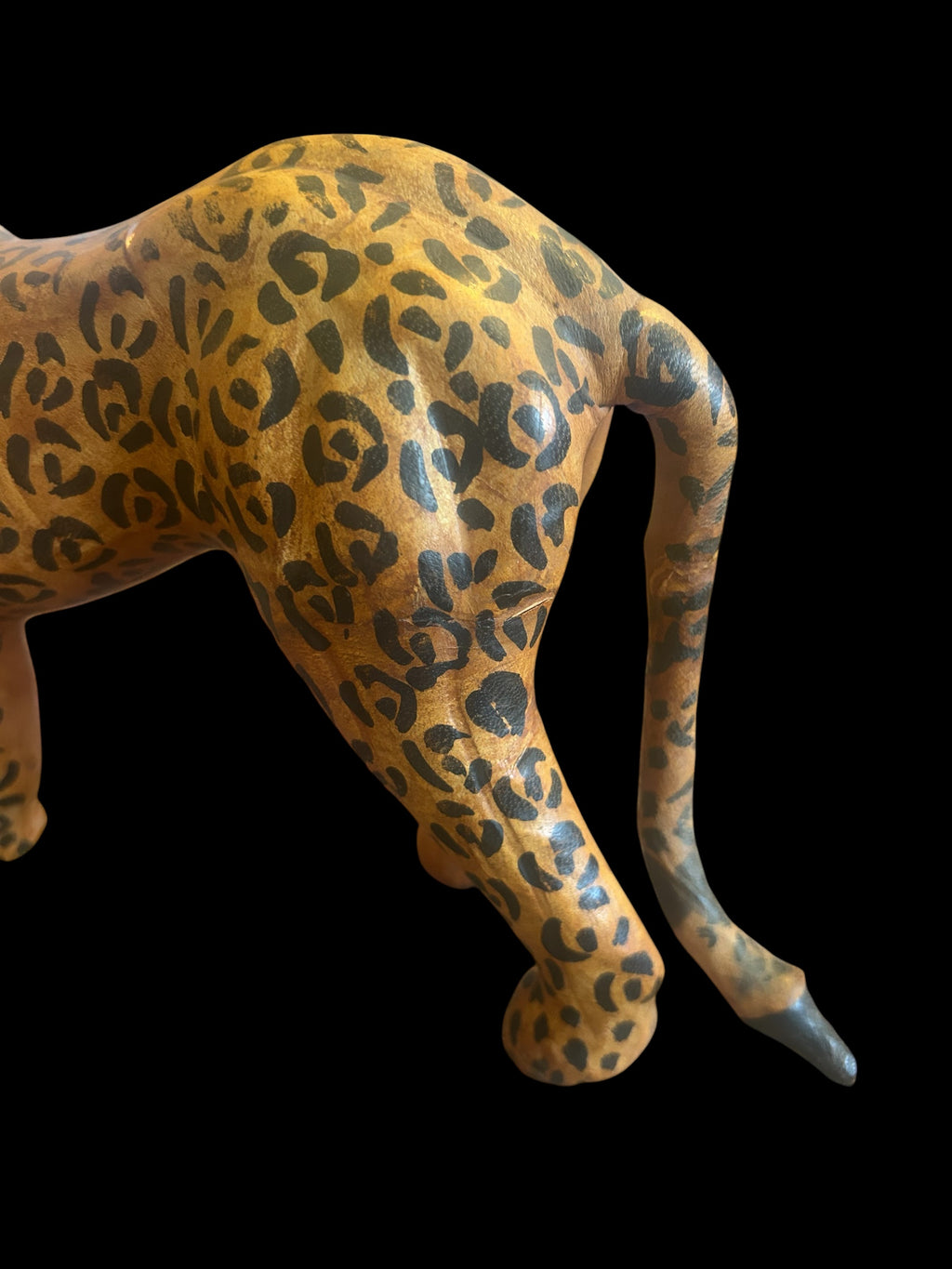 Vintage 1970s Leather-Wrapped Roaring Leopard Sculpture – 15"