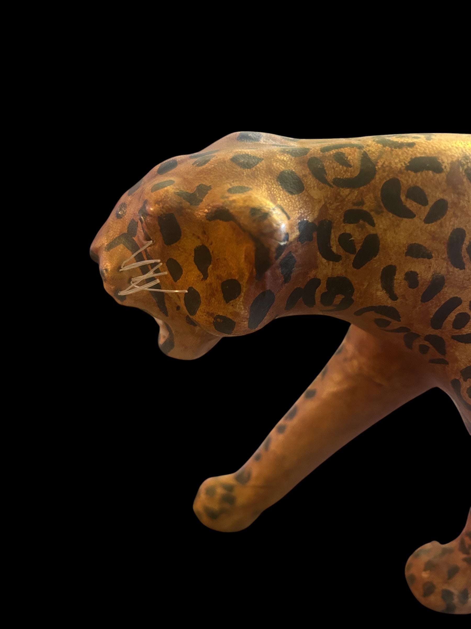 Vintage 1970s Leather-Wrapped Roaring Leopard Sculpture – 15"