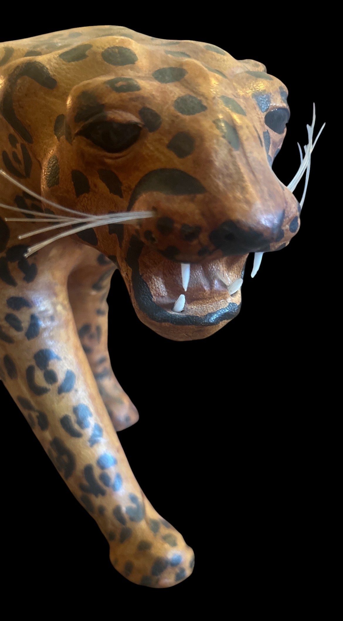 Vintage 1970s Leather-Wrapped Roaring Leopard Sculpture – 15"