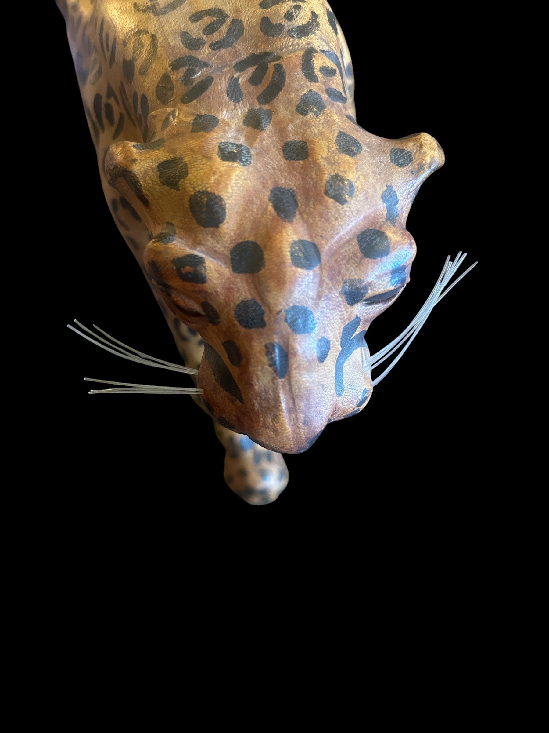 Vintage 1970s Leather-Wrapped Roaring Leopard Sculpture – 15"
