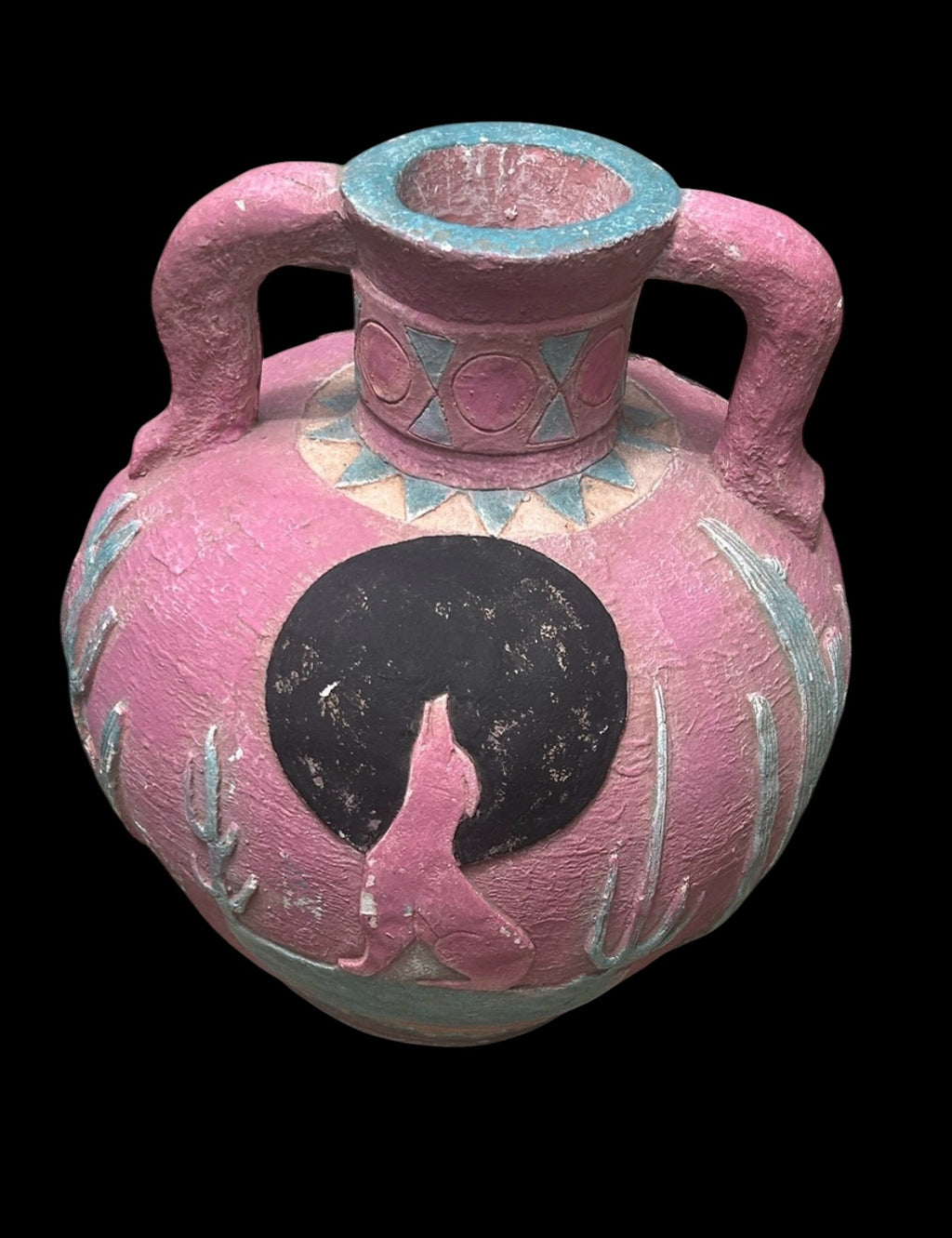 Mexican Folk Art Pot Amphora Vase Pottery Coyote Rare Handles Hand Painted 14” T