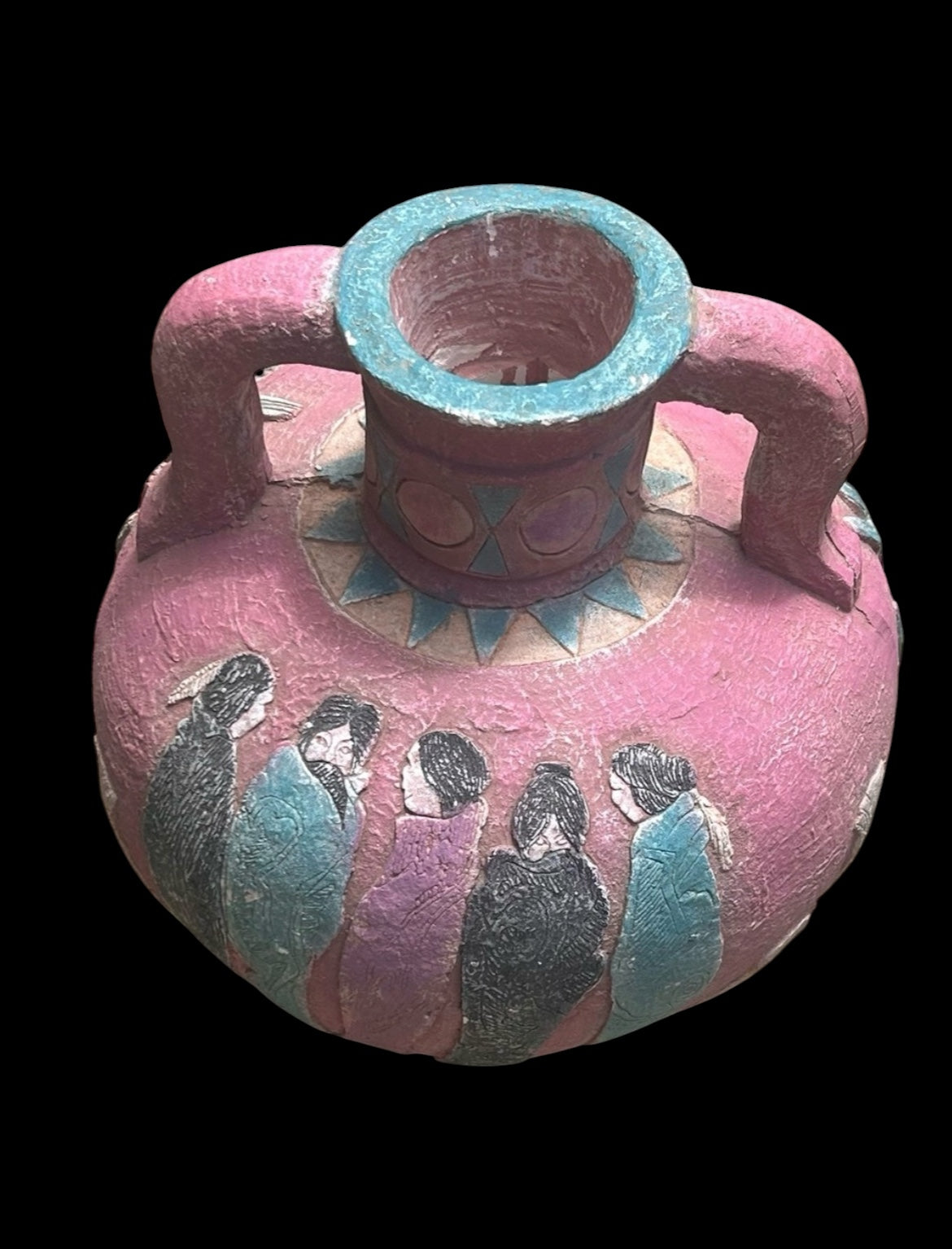 Mexican Folk Art Pot Amphora Vase Pottery Coyote Rare Handles Hand Painted 14” T