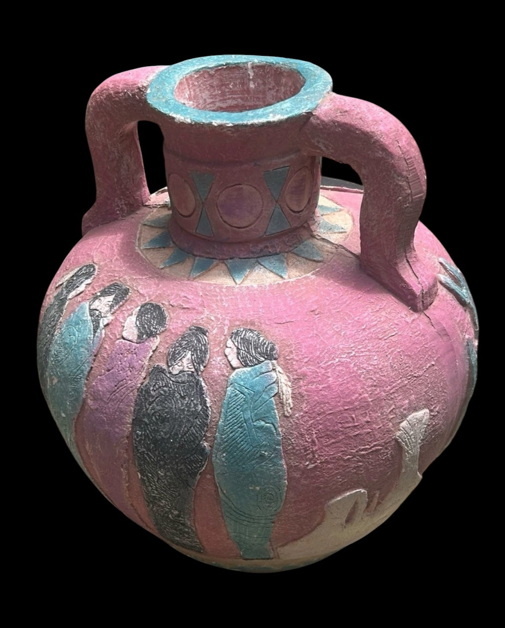 Mexican Folk Art Pot Amphora Vase Pottery Coyote Rare Handles Hand Painted 14” T
