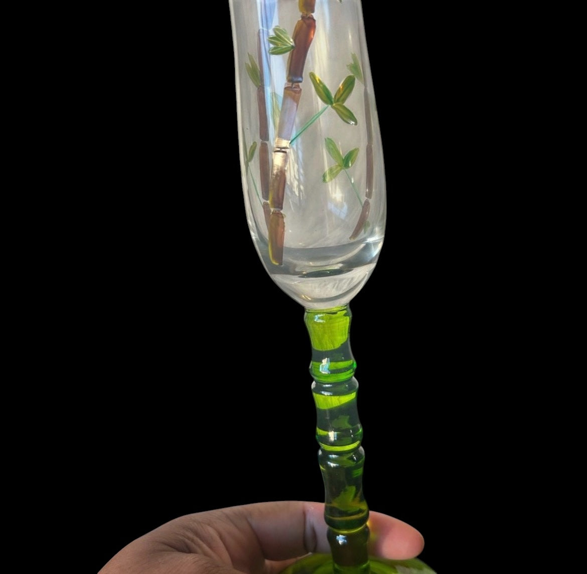 Vintage Hand Painted Bamboo Champagne Flutes, Green Ribbed Stem Glassware Set