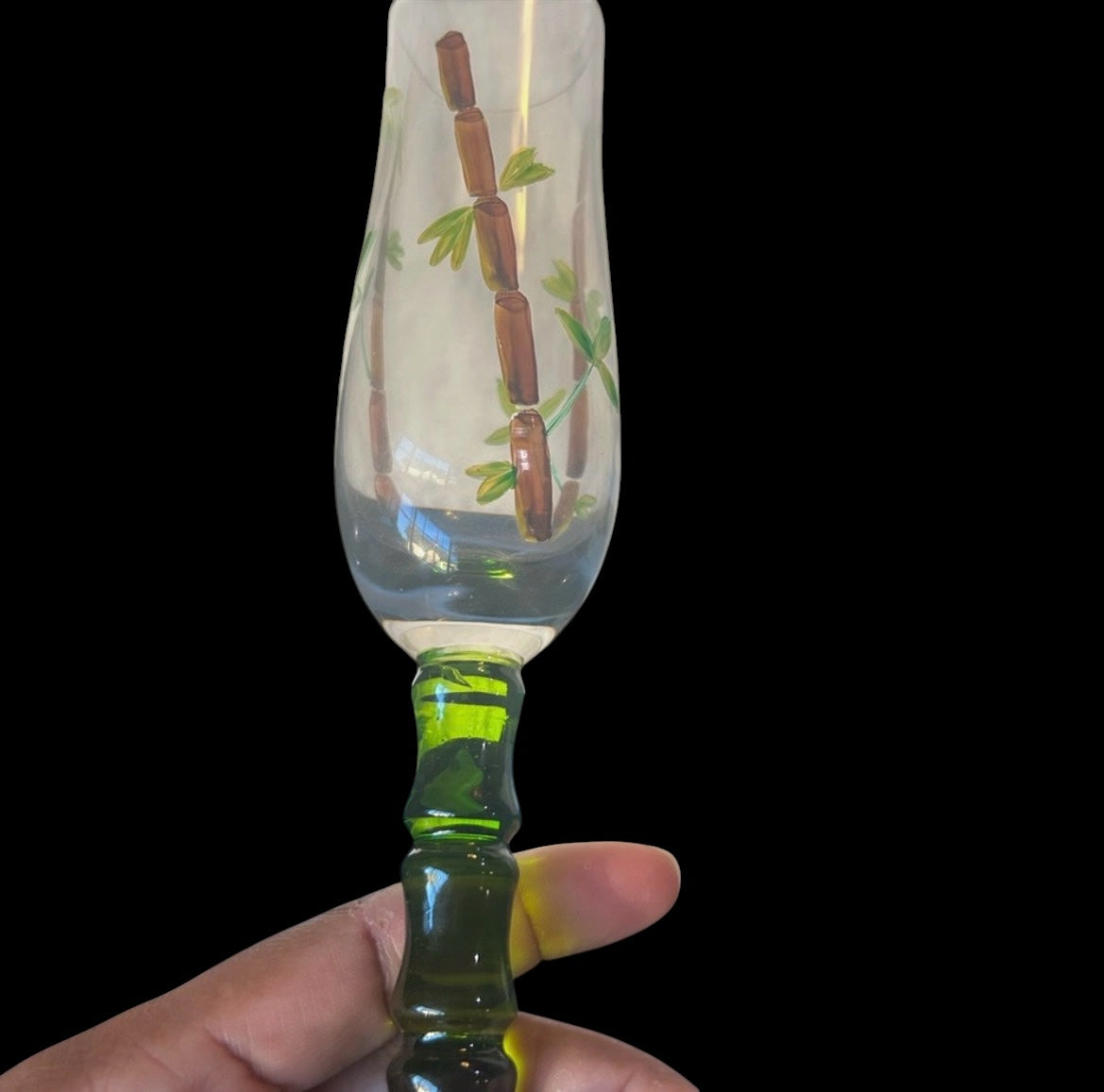 Vintage Hand Painted Bamboo Champagne Flutes, Green Ribbed Stem Glassware Set