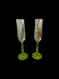 Vintage Hand Painted Bamboo Champagne Flutes, Green Ribbed Stem Glassware Set