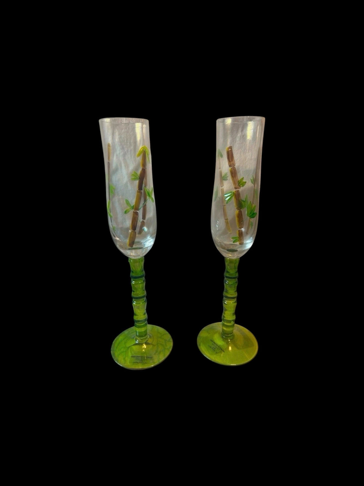 Vintage Hand Painted Bamboo Champagne Flutes, Green Ribbed Stem Glassware Set