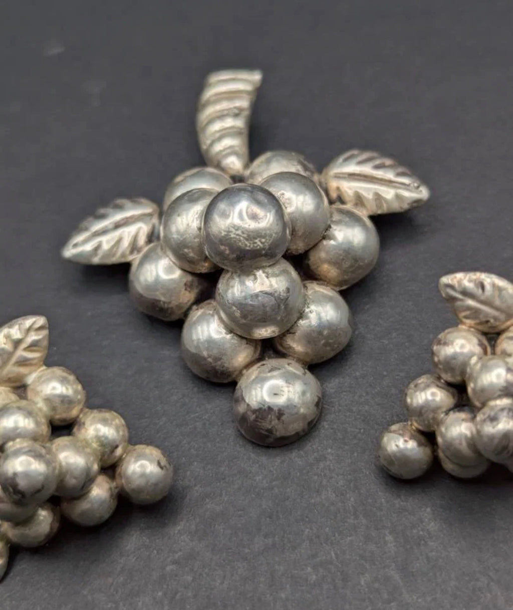 Rare Vintage Mexican Sterling Silver Grape Cluster Jewelry Set – Brooch & Earrings