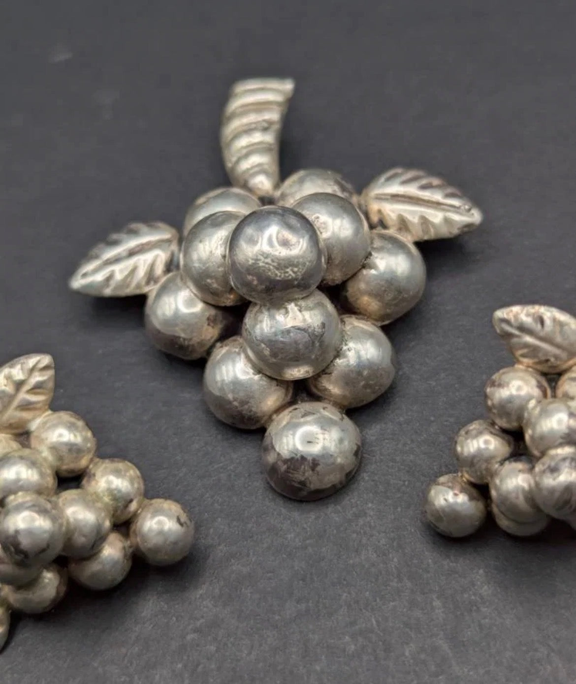 Rare Vintage Mexican Sterling Silver Grape Cluster Jewelry Set – Brooch & Earrings