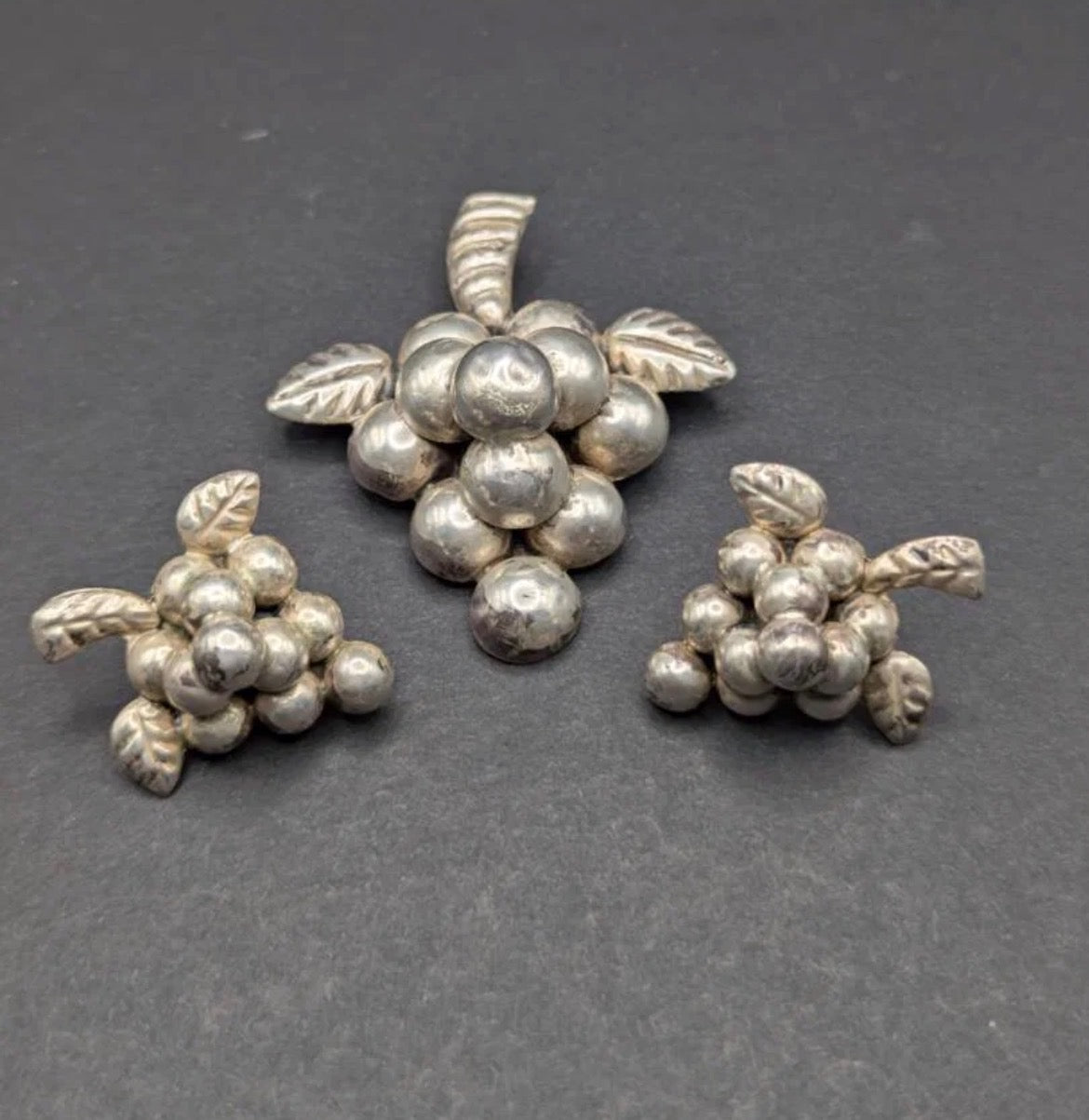 Rare Vintage Mexican Sterling Silver Grape Cluster Jewelry Set – Brooch & Earrings