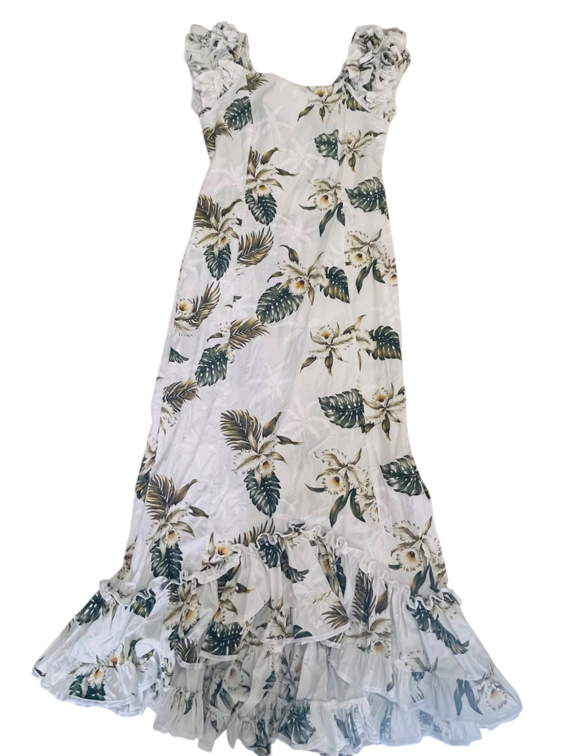 Vintage MAHALO Hawaiian Muumuu Dress White Tropical Floral Ruffle Mermaid Small