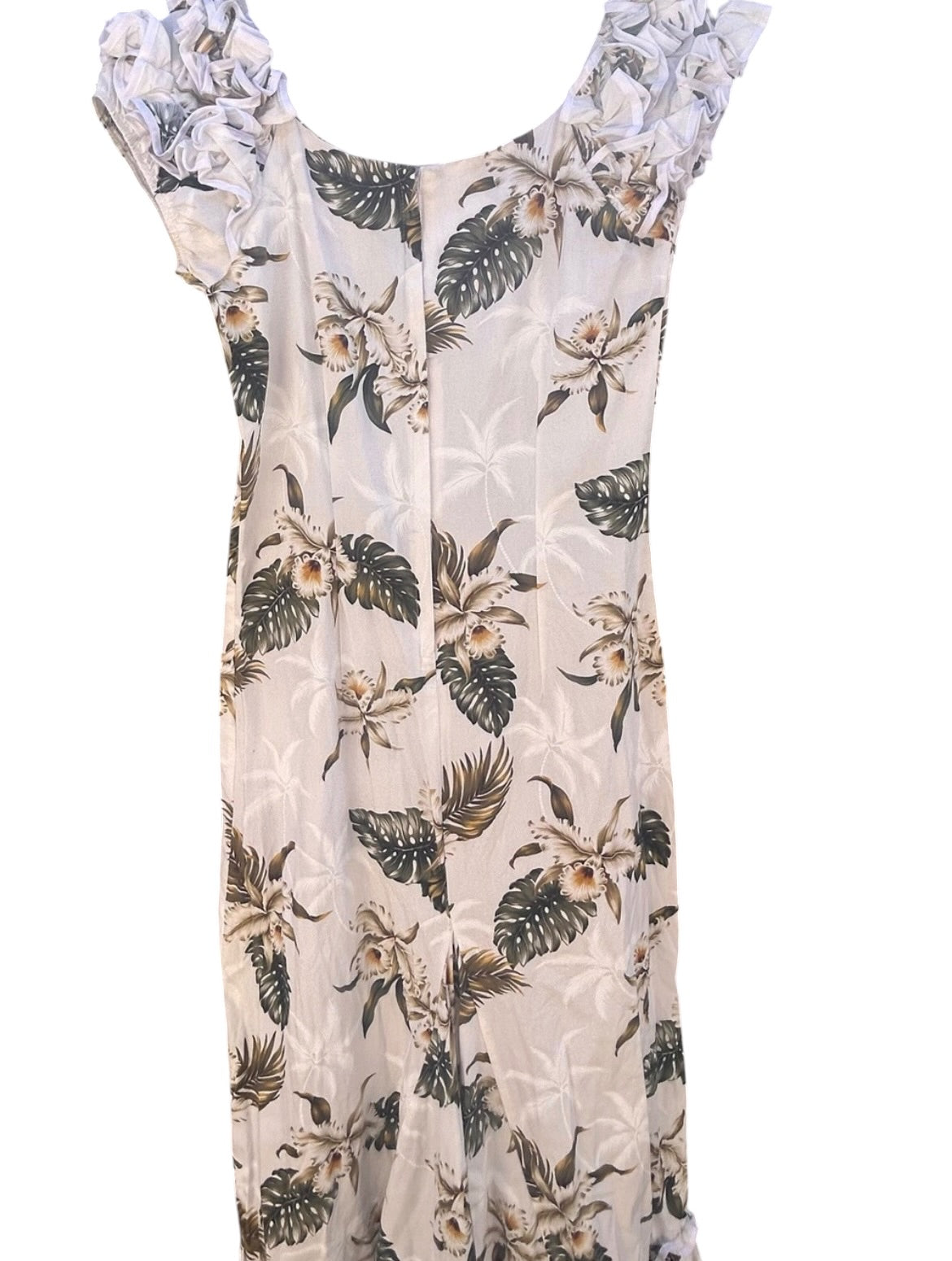 Vintage MAHALO Hawaiian Muumuu Dress White Tropical Floral Ruffle Mermaid Small