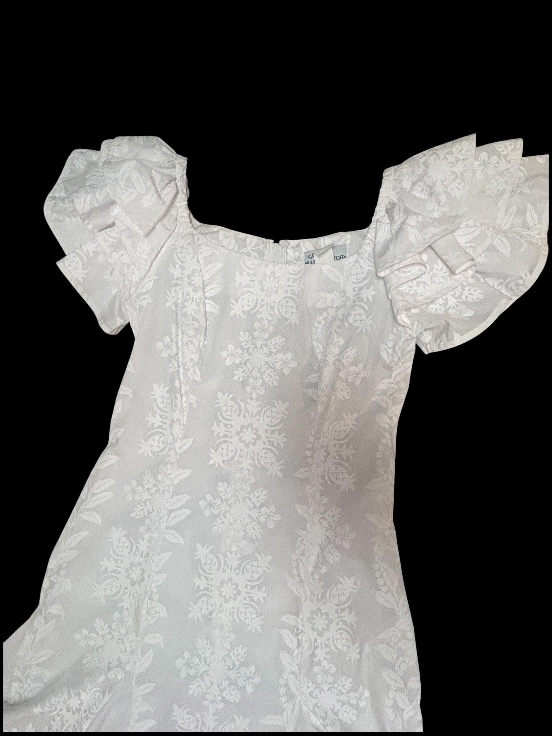 Vintage T&L Muumuu Factory White Hawaiian Dress Tiered Ruffle Sleeve 7/8