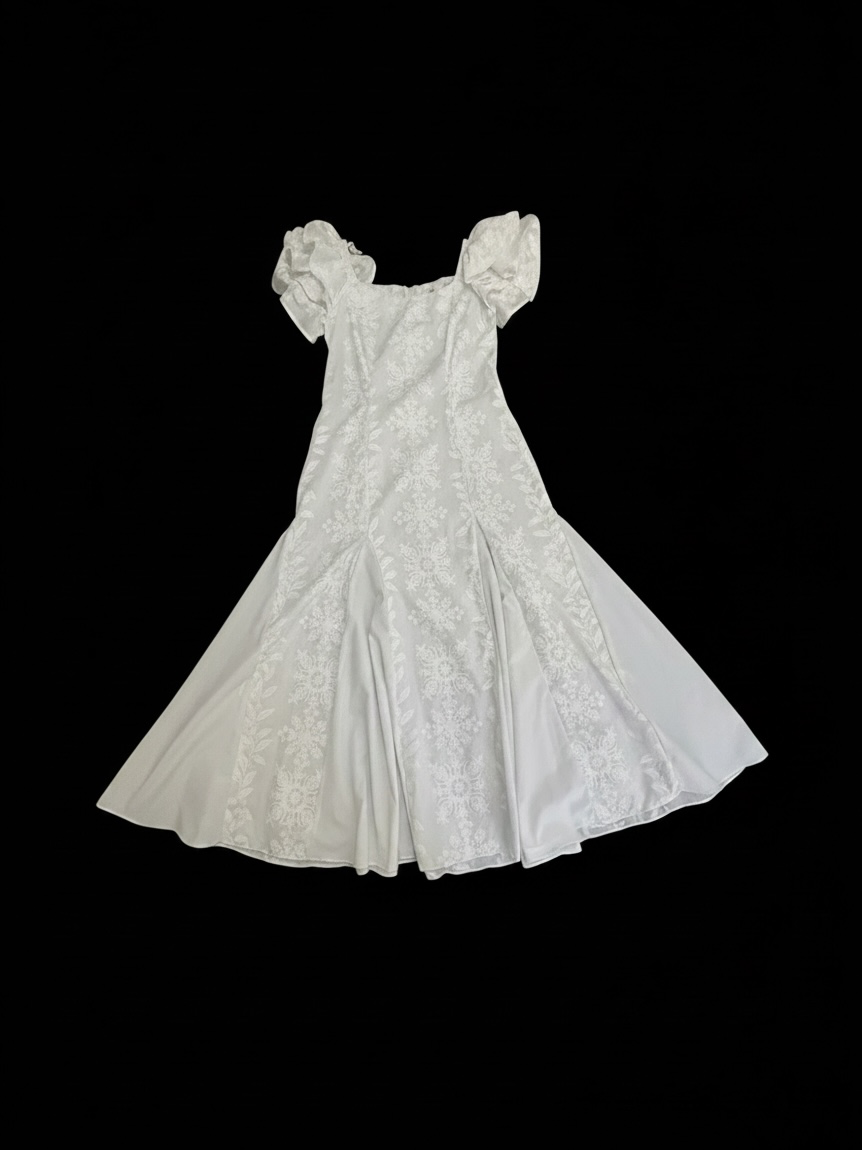 Vintage T&L Muumuu Factory White Hawaiian Dress Tiered Ruffle Sleeve 7/8