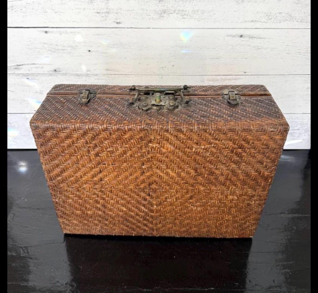 Vintage Asian Woven Rattan & Wood Storage Trunk Chest Brass Hardware Case