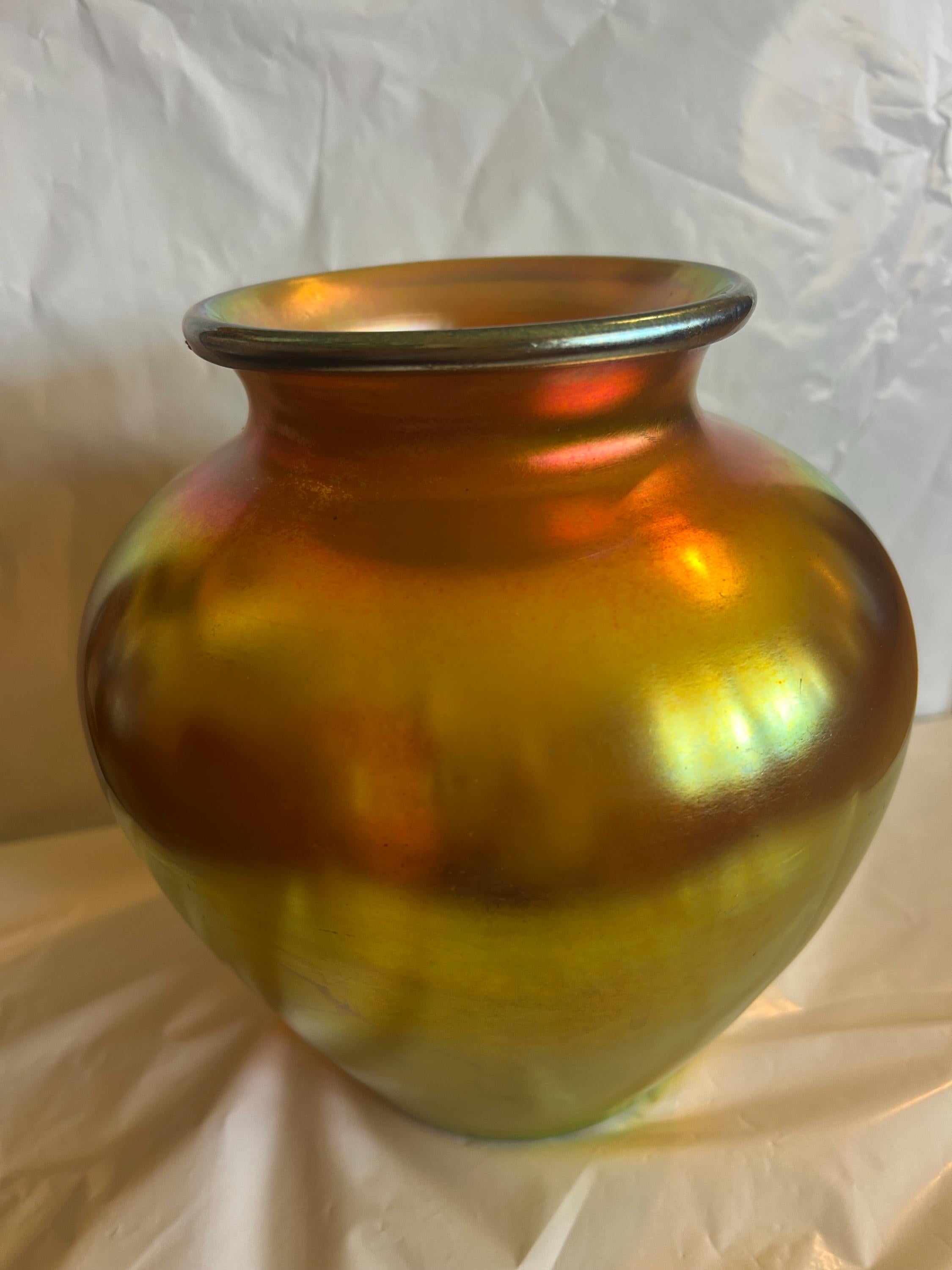 Antique Steuben Gold Aurene Art Glass Vase Shape 2683 Signed Frederick Carder c 1910, 8 Inch Iridescent Gold Favrile Glass Swollen Shoulder