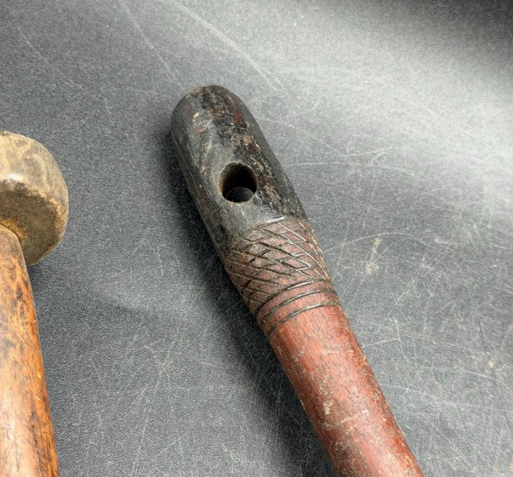 Vintage Benin African Wood Carving Tools - MCM Hand Adze & Carved Mallet Set