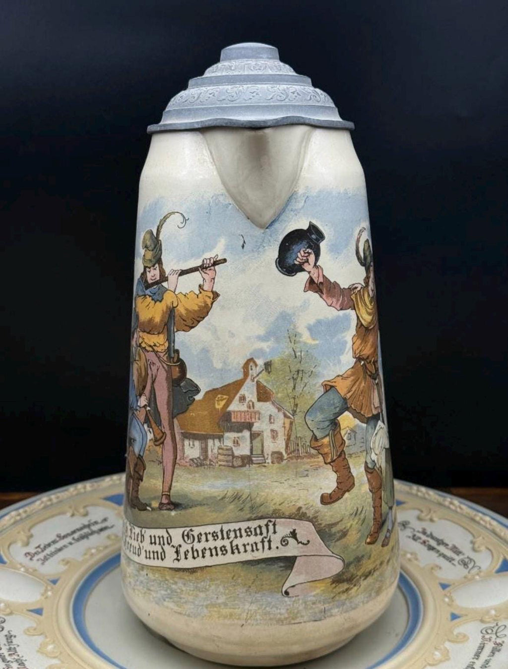 Antique 1899 Mettlach Villeroy & Boch 3.3L Master Pitcher and Charger Set, German Breweriana Stoneware #2348 #2087, Turn of the Century Gift