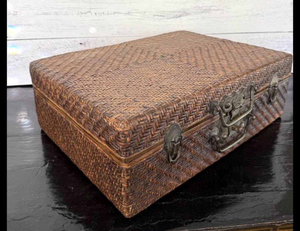 Vintage Asian Woven Rattan & Wood Storage Trunk Chest Brass Hardware Case