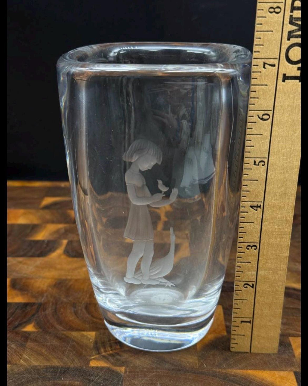 Vintage Orrefors Sweden Crystal "Goose Girl" Vase Sven Palmqvist 2578 Etched