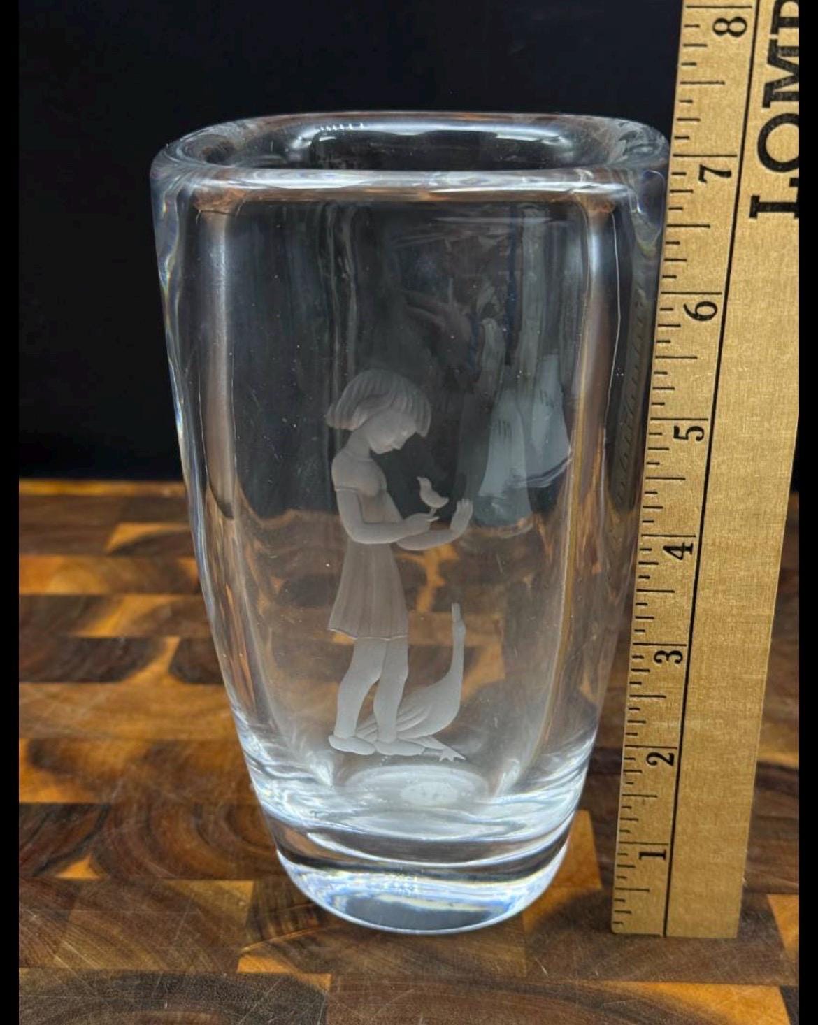 Vintage Orrefors Sweden Crystal "Goose Girl" Vase Sven Palmqvist 2578 Etched