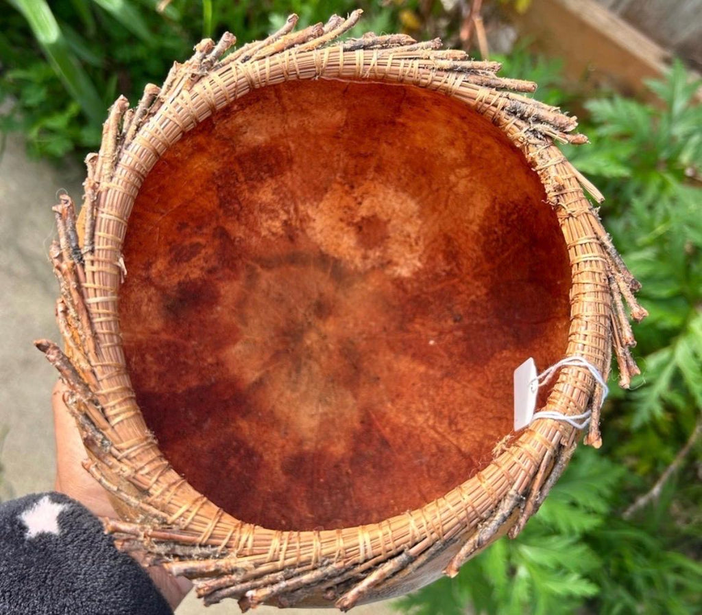 Vintage Pine Needle Gourd Basket – Pyrography Pinecone Motif, Southwestern Fiber Art